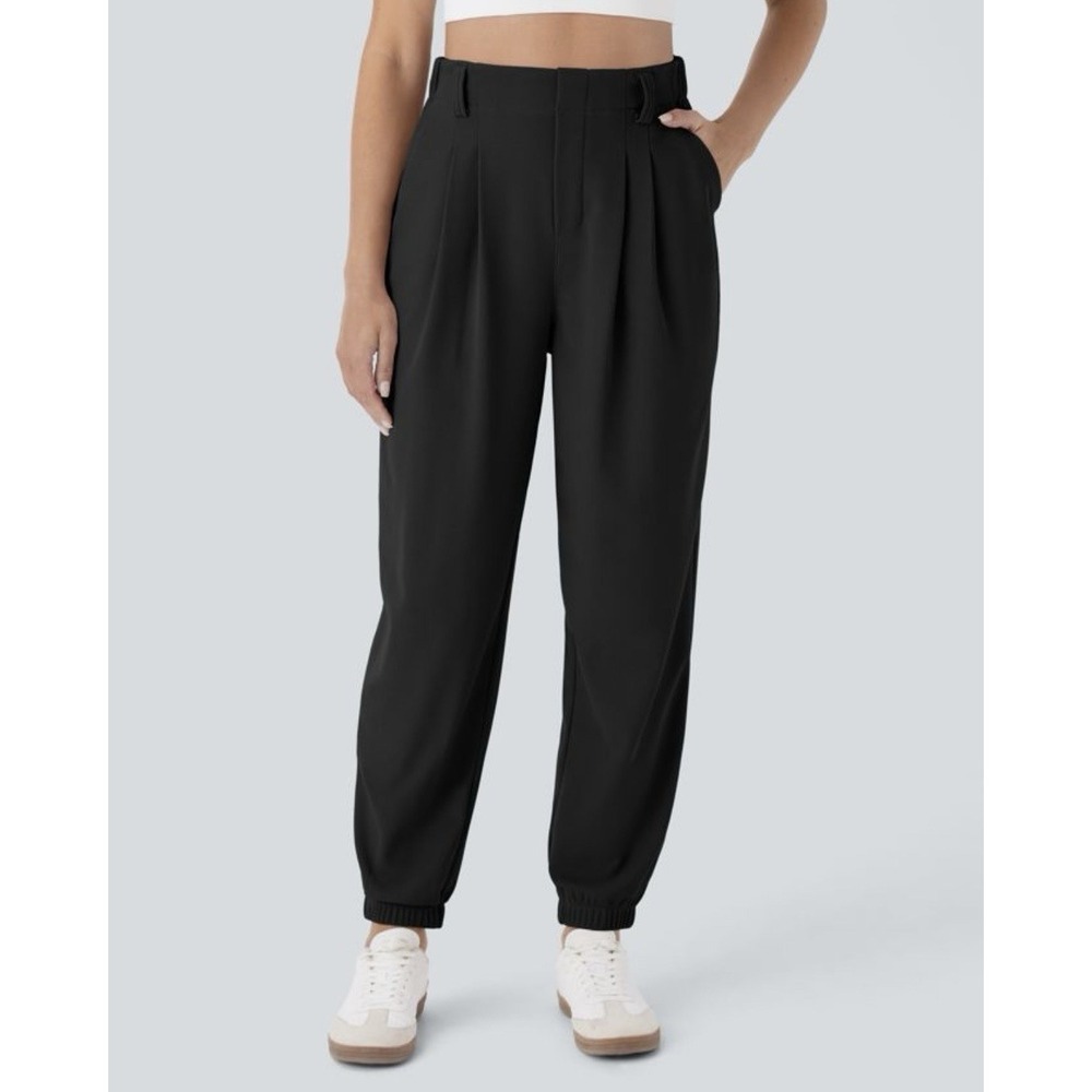 Halara High Waisted Tapered Waffle Casual Joggers with Pocket Black Size Medium